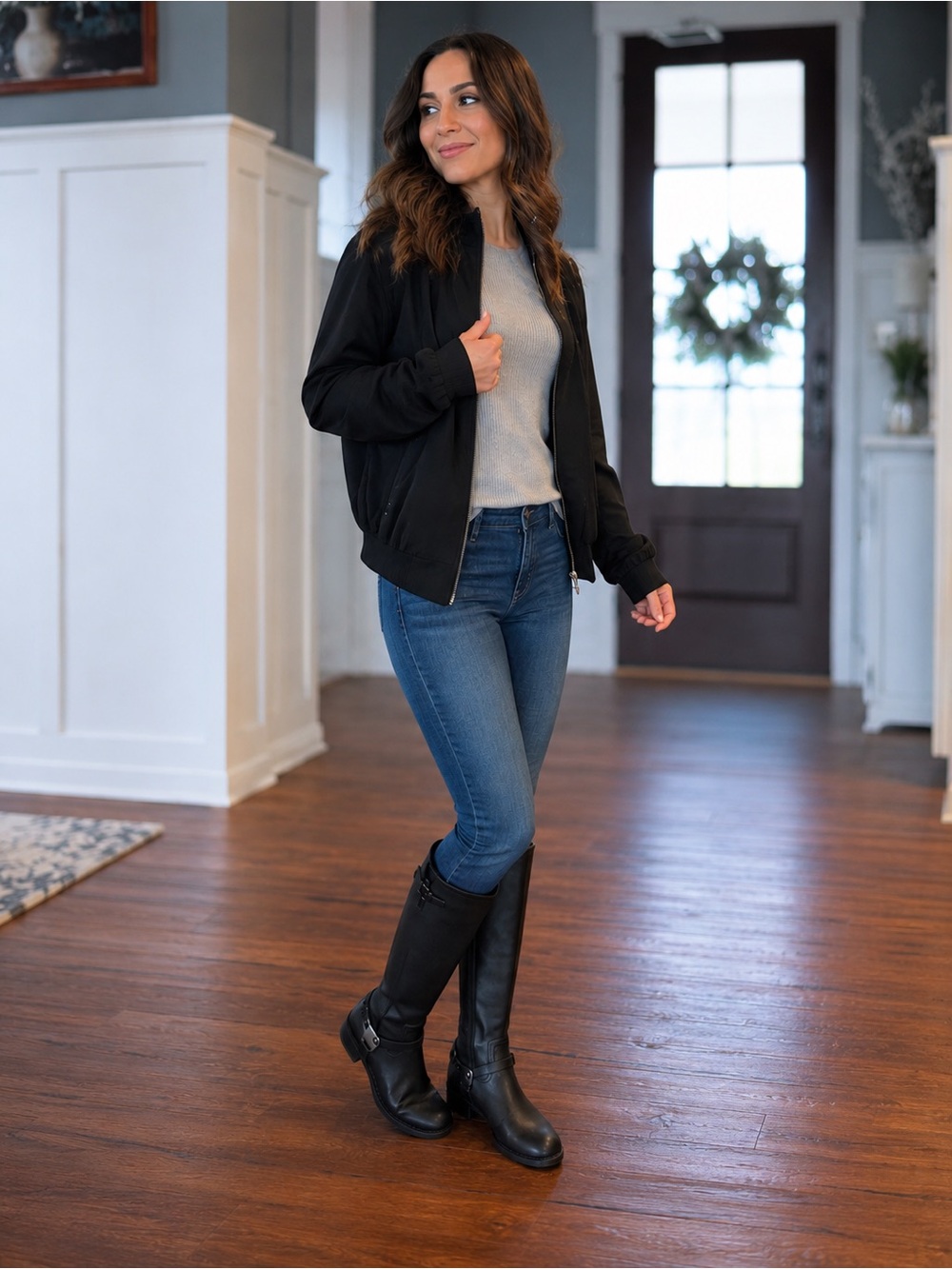 Ecco Black Leather Tall Combat & Moto Boots